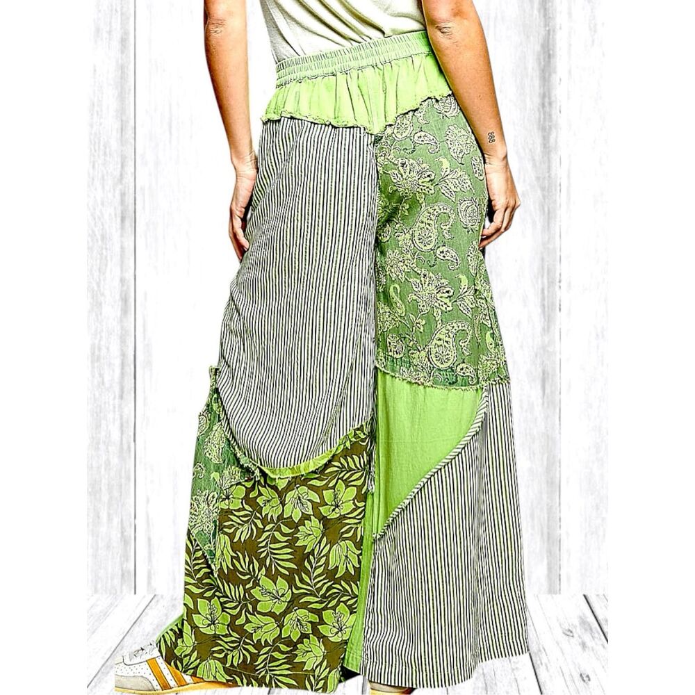 POL Striped Floral Patchwork Wide Leg Pants Green Boho Star Patch Palazzo NEW - Picture 4 of 12